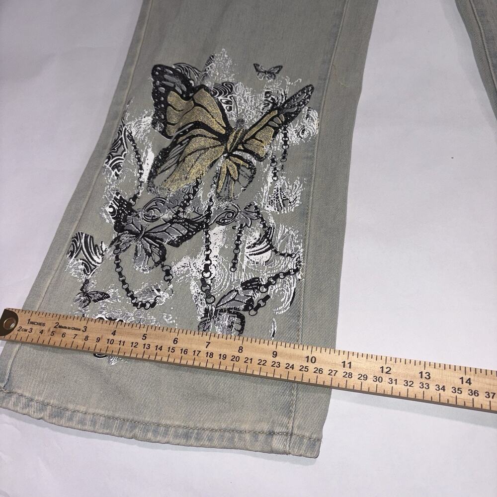 ROMWE Wide-Leg Women's Jeans Gray Denim Butterfly Embroidered 5-Pocket Y2k - Picture 3 of 7